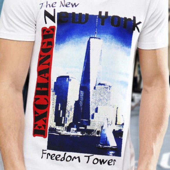 NWT EXCHANGE NEW YORK MEN'S WHITE V-NECK SHORT SLEEVE T-SHIRT SIZE S M L XL - Picture 1 of 4